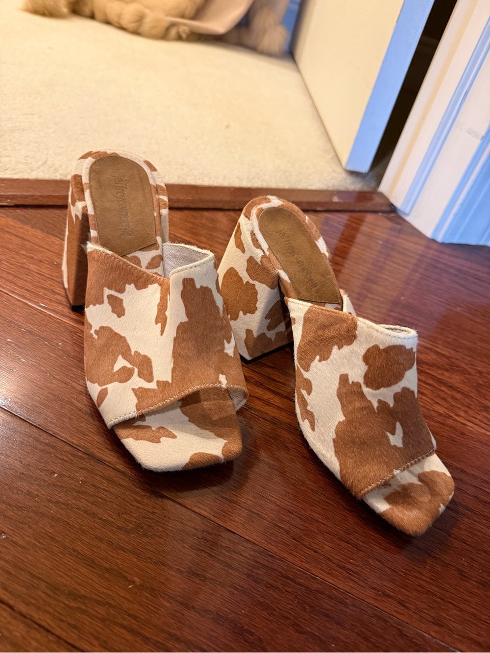Jeffrey Campbell Brown and White Cowhide-Print Block Heel Mules